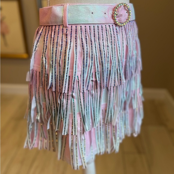 New! QUEEN OF SPARKLES Rhinestone Leather Fringe Pastel Mini Skirt - Picture 4 of 12